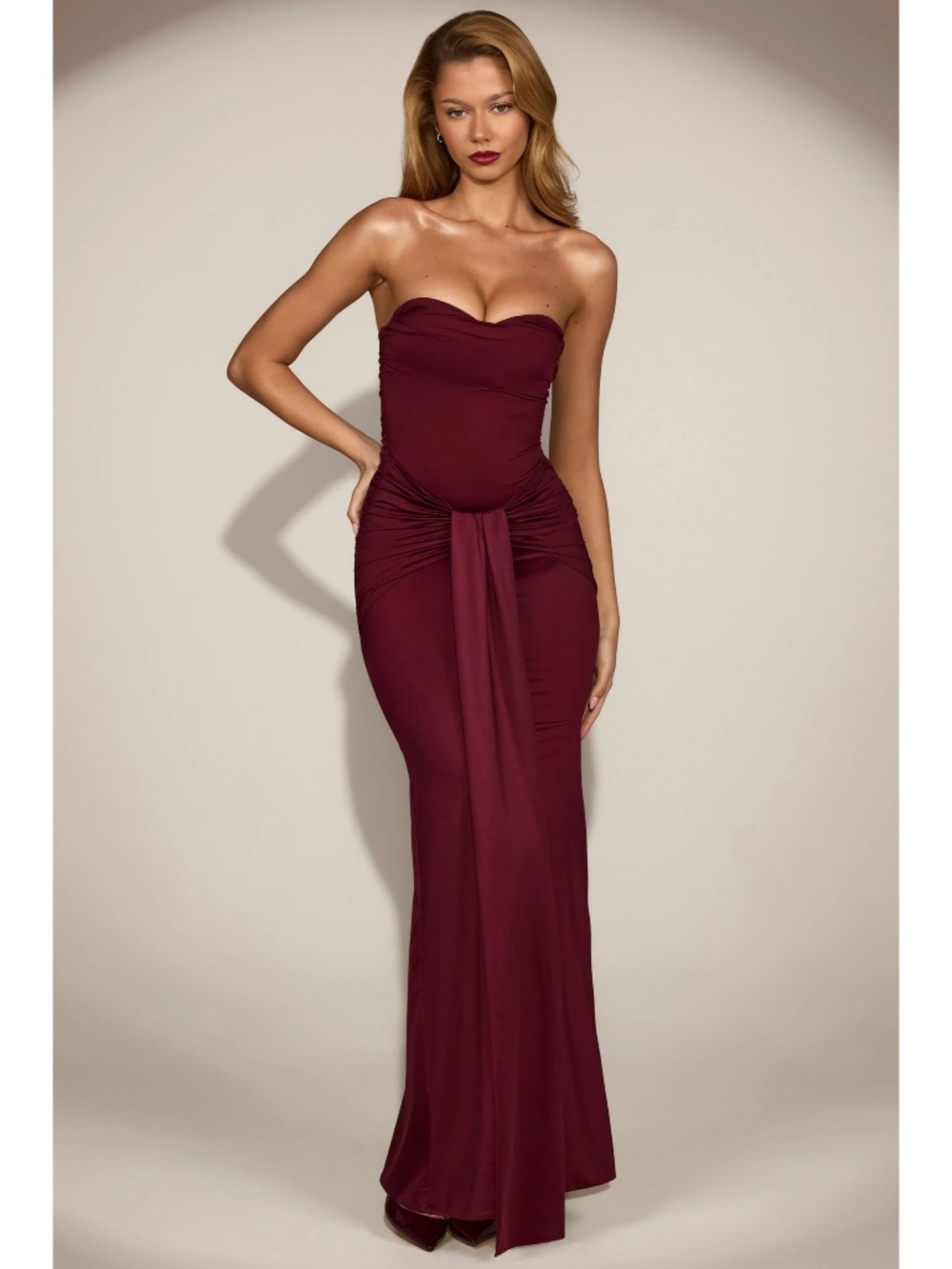 NWT OH POLLY Aisra Satin Peekaboo Bandeau Draped Gown in Wine Red S